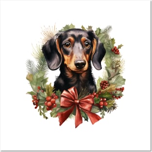 Christmas Dachshund Dog Wreath Posters and Art